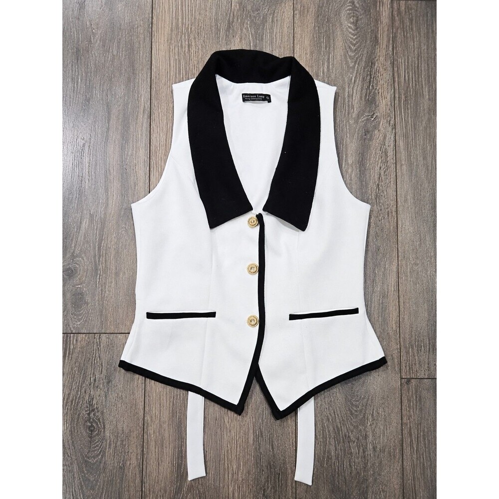 Emerson Lang Womens S White Black Tuxedo Vest Gold Buttons Preppy Waistcoat